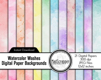 Puede incluir: Un conjunto de 21 fondos digitales de acuarela en varios colores, incluyendo rosa, naranja, amarillo, verde, azul y morado. Los fondos miden 30,48 x 30,48 cm y están disponibles para descarga instantánea.