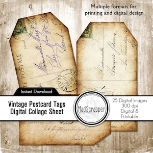 Digital Tags Vintage Postcard Tags Digital and Printable Collage Tags Gift Tags Hang Tags Double-sided Instant Download