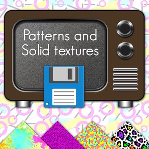 Op de afbeelding: Een retro-televisiescherm met de tekst "Patterns and Solid Textures" erop. Een blauwe floppy disk staat op de voorgrond. De televisie is omringd door een kleurrijk geometrisch patroon.