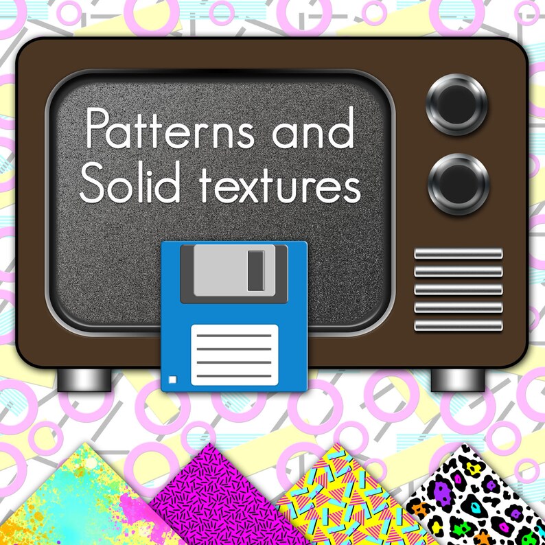 Op de afbeelding: Een retro-televisiescherm met de tekst "Patterns and Solid Textures" erop. Een blauwe floppy disk staat op de voorgrond. De televisie is omringd door een kleurrijk geometrisch patroon.