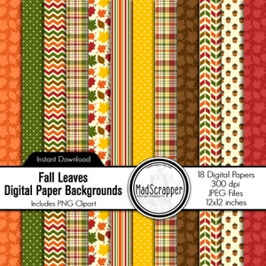 Digital Scrapbook Paper Fall Leaves Digital Paper Backgrounds and Clip Art Instant Download