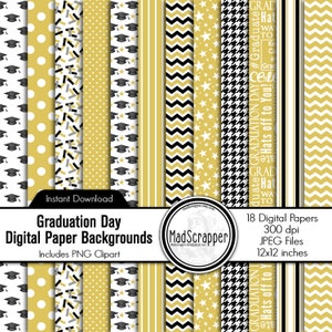Digital Scrapbook Paper Graduation Day Black and Gold Digital Grad Paper Backgrounds and Clipart Instant Download