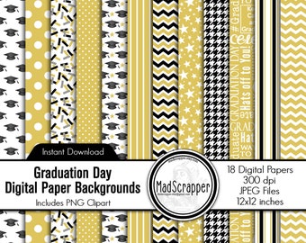 Digital Scrapbook Paper Graduation Day Black and Gold Digital Grad Paper Backgrounds and Clipart Instant Download