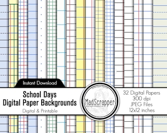 Lined School Scrapbook Paper: Digital School Paper Backgrounds (Digital Download)
