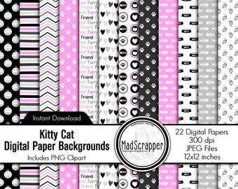 May include: A collection of 22 digital paper backgrounds featuring cat-themed patterns including paw prints, fish bones, hearts, and the text Furry Friend. The designs incorporate black, white, grey, and pink colour schemes in various geometric layouts.