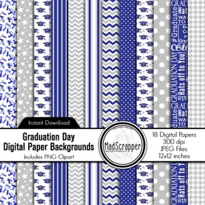 Papel digital para álbum de recortes, día de graduación, azul y gris, fondos y clipart digital para graduación, descarga instantánea