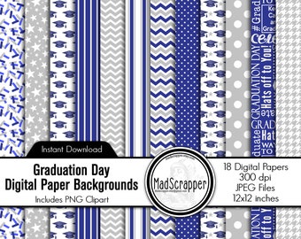 Digital Scrapbook Paper Graduation Day Blue and Gray Digital Grad Paper Backgrounds and Clipart Instant Download