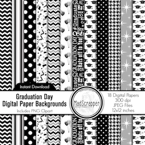 Graduation Scrapbook Paper: Black & White Paper Backgrounds and Clipart (Digital Download)