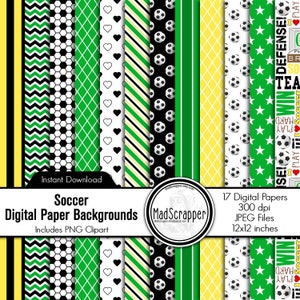 Soccer Scrapbook Paper: Green & Yellow Backgrounds, Clipart (Digital Download)