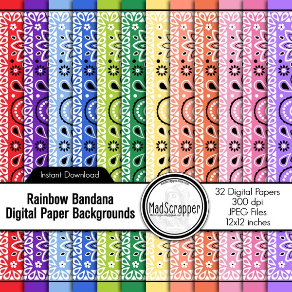 Papier Scrapbook numérique Papier numérique Bandana Papier Arc-en-ciel Couleurs Bandana Arrière-plans Téléchargement instantané