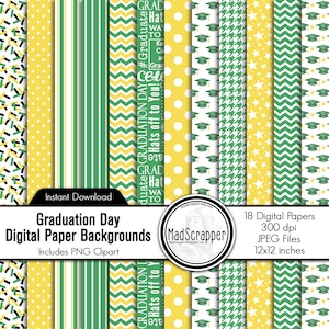 Digital Scrapbook Paper Graduation Day Green & Yellow Digital Grad Paper Backgrounds and Clipart Instant Download