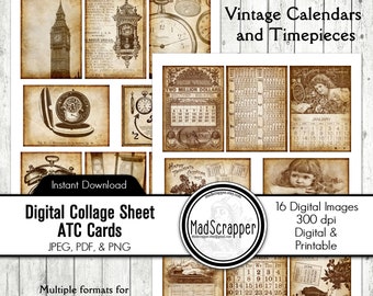Vintage uurwerken digitale collagebladen, ATC ACEO-achtergronden (digitale download)