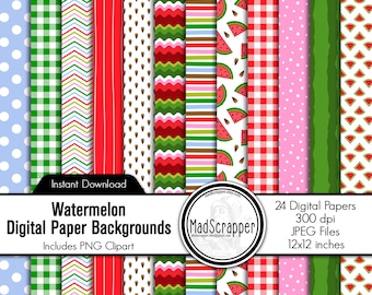 Digital Watermelon Paper: Watermelon Scrapbook Backgrounds and Clip Art (Digital Download)