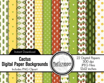May include: A collection of twenty-two digital paper backgrounds featuring various patterns including cacti, hearts, triangles, and geometric shapes in shades of green, yellow, white, and orange, with text reading Cactus Digital Paper Backgrounds.