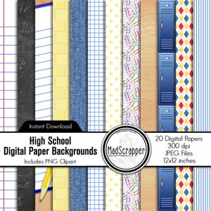 High School Scrapbook Paper: Digital School Paper Backgrounds and Clip Art (Digital Download)
