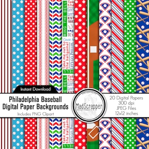 Papier de scrapbooking numérique Baseball Paper Philadelphia Baseball couleurs Arrière-plans de baseball numériques et imprimables 12 x 12 téléchargement immédiat