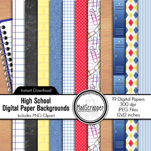 Papel para álbum de recortes digital High School Middle School Pacote de papel escolar digital e clip art download instantâneo