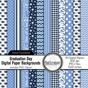 Digital Scrapbook Paper Graduation Day Blue and Navy Digital Grad Paper Backgrounds and Clipart Instant Download 12x12