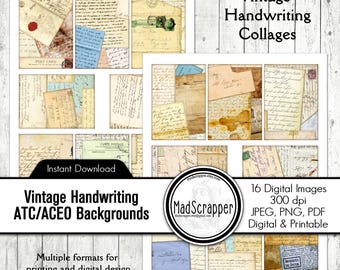 Hojas de collage digital de escritura a mano vintage, fondos ATC ACEO (descarga digital)