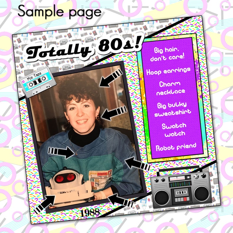 Op de afbeelding: Een collage van afbeeldingen en tekst die de jaren 80 viert. De collage bevat een foto van een vrouw die een blauw sweatshirt en een robot draagt, een cassettebandje, een ghettoblaster en tekst die "Totally 80s!" en "1988" luidt.