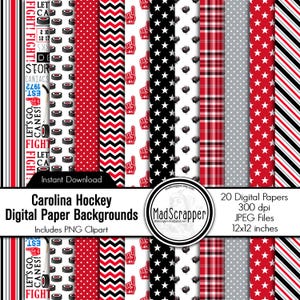 May include: A collection of 20 digital paper backgrounds featuring hockey-themed patterns in red, black, white, and gray. Designs include hockey pucks, foam fingers, stars, polka dots, stripes, plaid, and text reading Carolina Hockey Digital Paper.