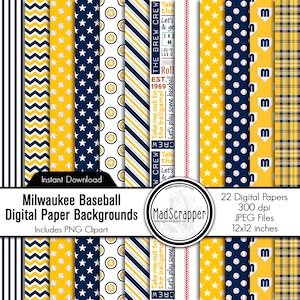 May include: A collection of 22 digital paper backgrounds featuring baseball-themed patterns in navy blue, yellow, and white. Designs include chevrons, stars, baseballs, stripes, plaid, and text reading Milwaukee Baseball and The Brew Crew.