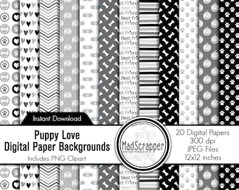 Puppy Love Scrapbook Paper: Digital Dog Paper Backgrounds and Clip Art (Digital Download)