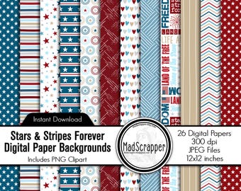 Patriotyczny papier do scrapbookingu w formacie cyfrowym USA: tła z papieru w gwiazdy i paski oraz grafika wektorowa (pobranie cyfrowe)