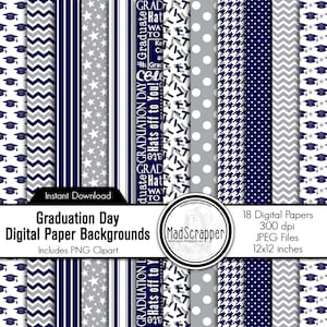 Papel de Scrapbook Digital Dia de Graduação Azul Marinho e Cinza Fundos de Papel de Graduação Digital e Clipart Download Instantâneo