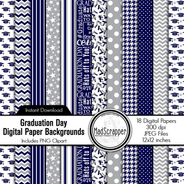 Digital Scrapbook Paper Graduation Day Navy Blue and Gray Digital Grad Paper Backgrounds and Clipart Instant Download