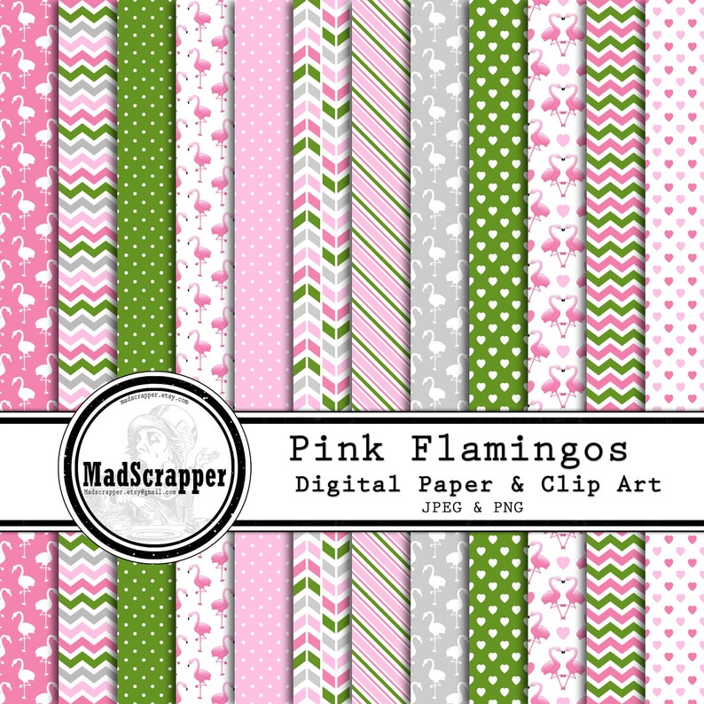 Digital Scrapbook Paper Pink Flamingos Paper and Clip Art 12 | Etsy
