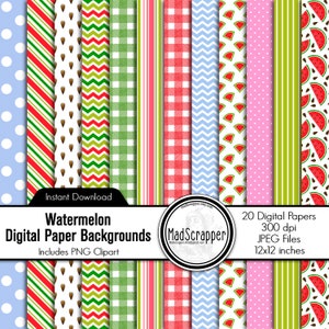 Digital Scrapbook Paper Watermelon Digital Watermelon Paper Backgrounds and Clip Art Instant Download