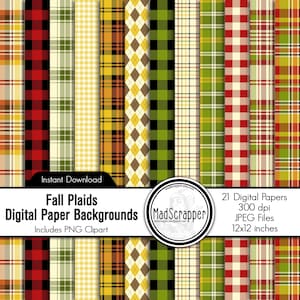 Puede incluir: Una colección de 21 fondos de papel digital con patrones de cuadros otoñales en varios colores, incluyendo rojo, verde, amarillo y marrón. La imagen incluye el texto "Fall Plaids Digital Paper Backgrounds". Cada papel mide 30,48 x 30,48 cm.