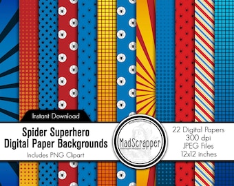 Spider Superhero Scrapbook Paper: Digital Superhero Paper and Clip Art (Digital Download)