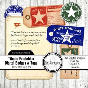 Druckbare Titanic Gepäckanhänger und Abzeichen Doppelseitig Titanic Tags Sofort Download