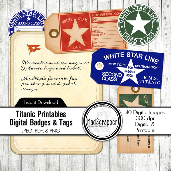 Printable Titanic Luggage Tags and Badges Double-sided Titanic Tags Instant Download