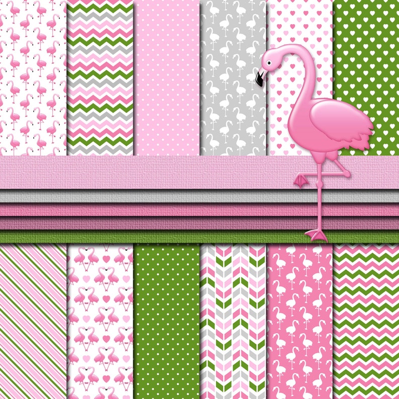 Digital Scrapbook Paper Pink Flamingos Paper and Clip Art 12 Etsy