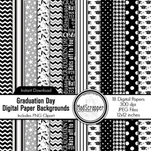 Papier de scrapbooking numérique pour la remise des diplômes, noir et blanc, arrière-plans de papier numérique de remise des diplômes et téléchargement immédiat des cliparts