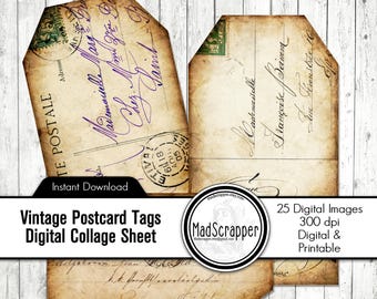 Vintage Postcard Digital Tags: Printable Collage, Junk Journal Scrapbooking (PDF)