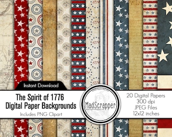 Papel digital patriótico para álbum de recortes: Espíritu de 1776, EE. UU. (Descarga digital)