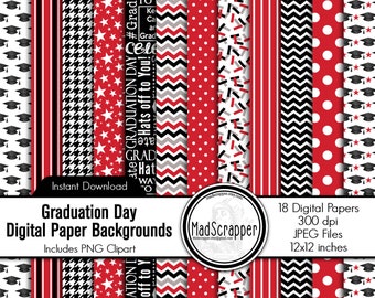 Digital Scrapbook Paper Graduation Day Digital Paper Black and Red Grad Paper Backgrounds and Clipart Instant Download