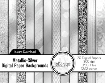 May include: A collection of 20 digital paper backgrounds in various silver metallic textures. The designs include glitter, stripes, and geometric patterns. The image includes the text "Metallic-Silver Digital Paper Backgrounds" and "12x12 inches".