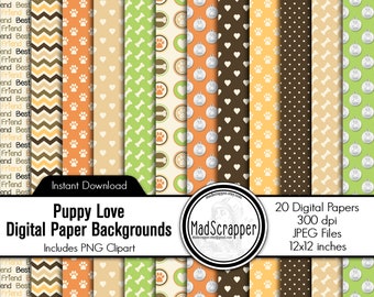 Digital Scrapbook Paper Puppy Love Dog Paper Digital Dog Paper Backgrounds PLUS Clipart
