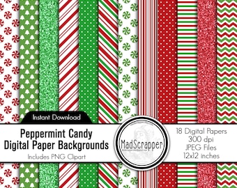 Papel digital para álbumes de recortes y clipart navideños con caramelos de menta (descarga instantánea)