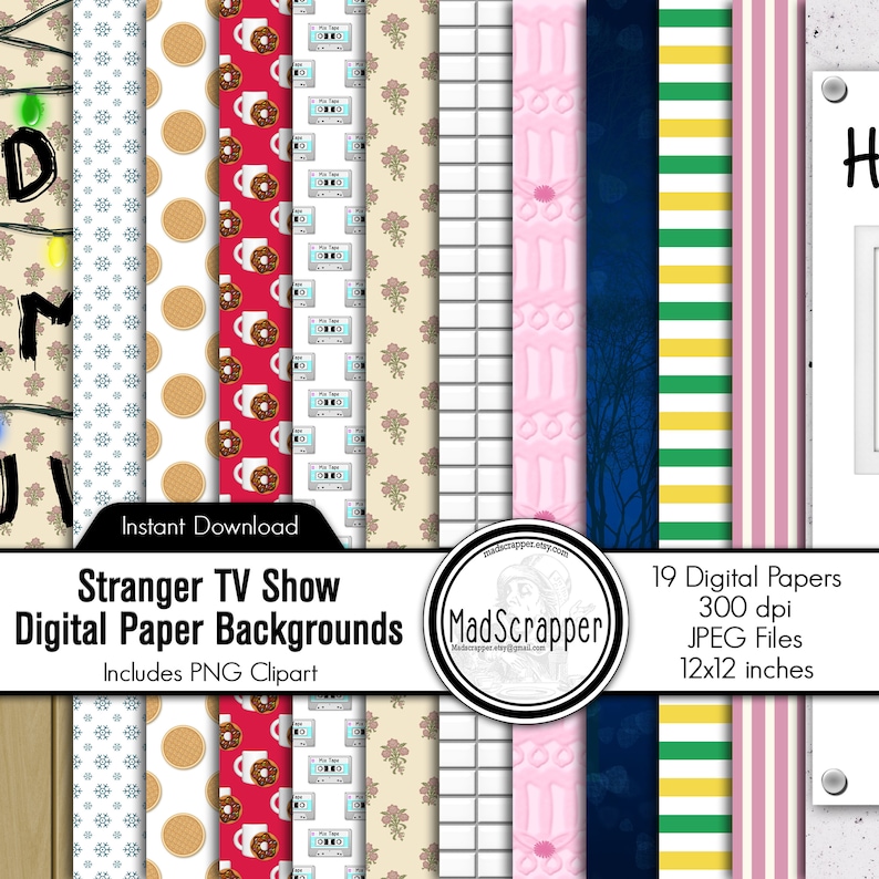 May include: A collection of digital paper backgrounds with various patterns, including waffles, cassette tapes, and floral designs. The text "Stranger TV Show Digital Paper Backgrounds" is displayed, along with "Instant Download" and "Includes PNG Clipart". The image also includes the text "19 Digital Papers 300 dpi JPEG Files 12x12 inches".