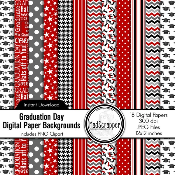 Digital Scrapbook Paper Graduation Day Scarlet and Gray Digital Paper Backgrounds and Clipart Instant Download