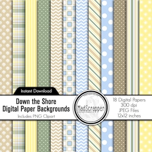 Digital Scrapbook Paper Down the Shore Beach Paper Summer Beach Backgrounds Instant Download Plus Clip Art