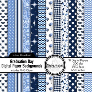 Graduation Scrapbook Paper: Blue and Navy Paper Backgrounds and Clipart (Digital Download)