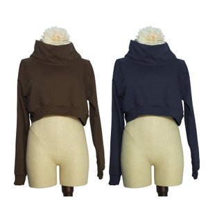 May include: Two cropped sweatshirts, one brown and one navy blue, with a mock neck and long sleeves. The sweatshirts are displayed on mannequins.