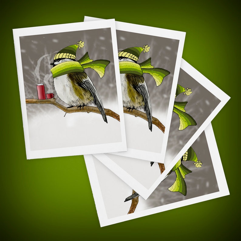 Chickadee Bird in Snowstorm Blank Greeting Cards | Set of Four | Size A2 Notecards zdjęcie 1